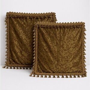 Michael Amini Euro Pillow Shams 2 Green Brown Damask Tassel Beaded 26x26 Regency